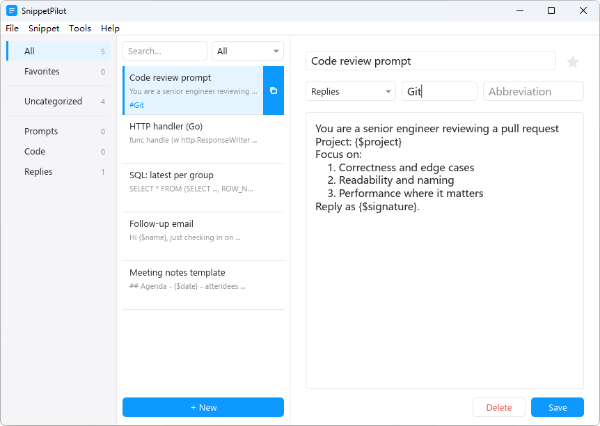 SnippetPilot main window: snippet library with folders, search and a prompt editor